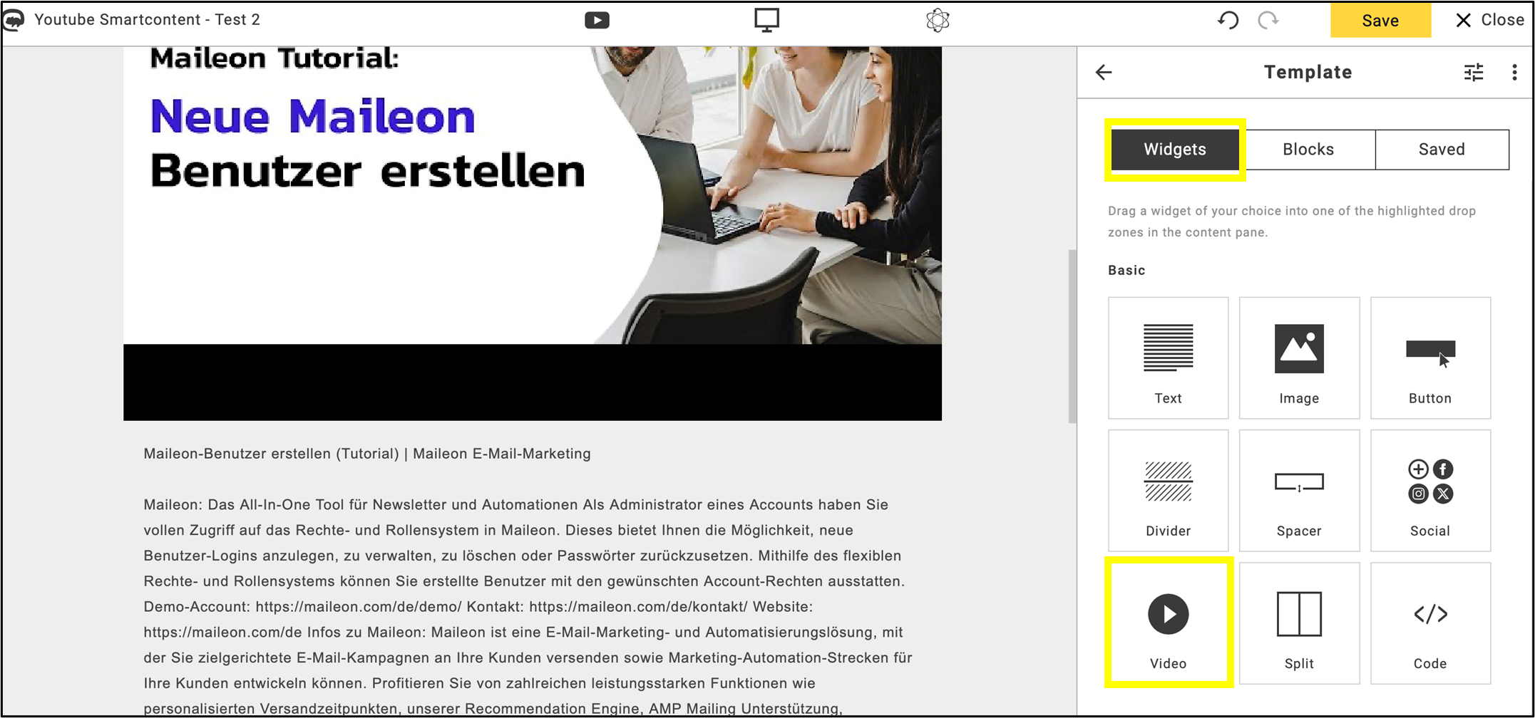 fig. 17: Avoid confusing ’YouTube SmartContent’ with the standard video icon in ’Widgets’.