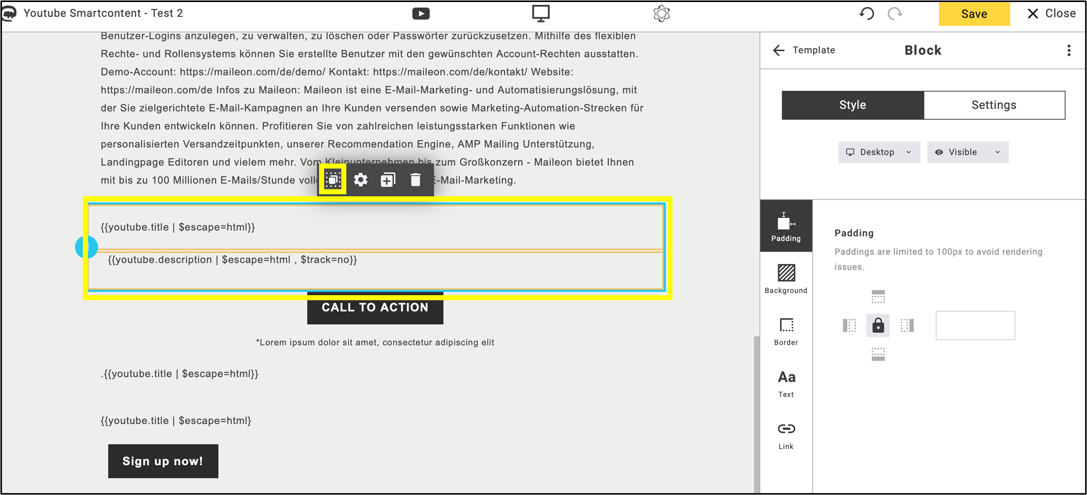 fig. 21: Insert the YouTube title and description with placeholders, then merge the blocks.