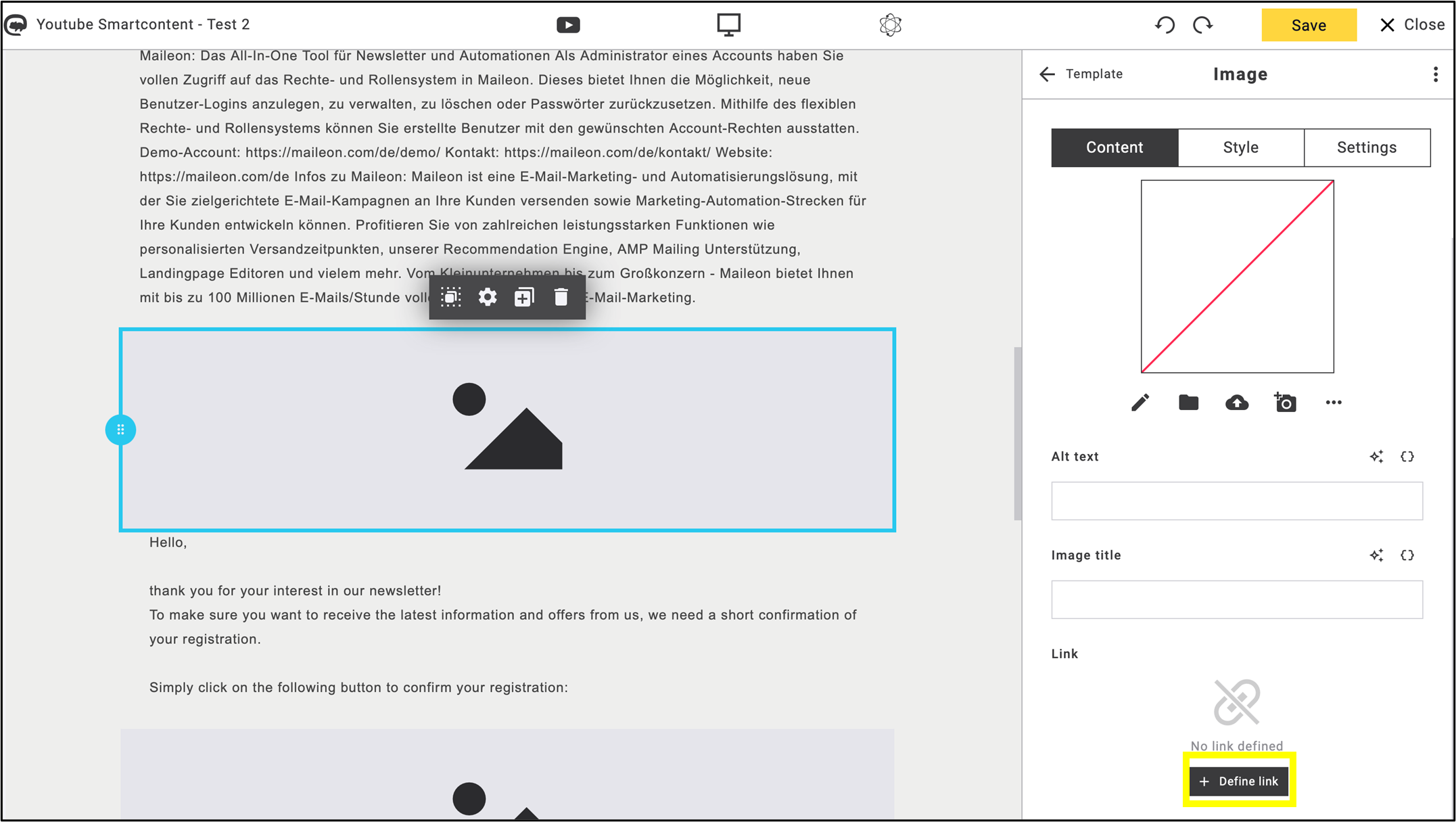 fig. 22: Add an image block above the text box and click ’+Define link’ to insert a URL.