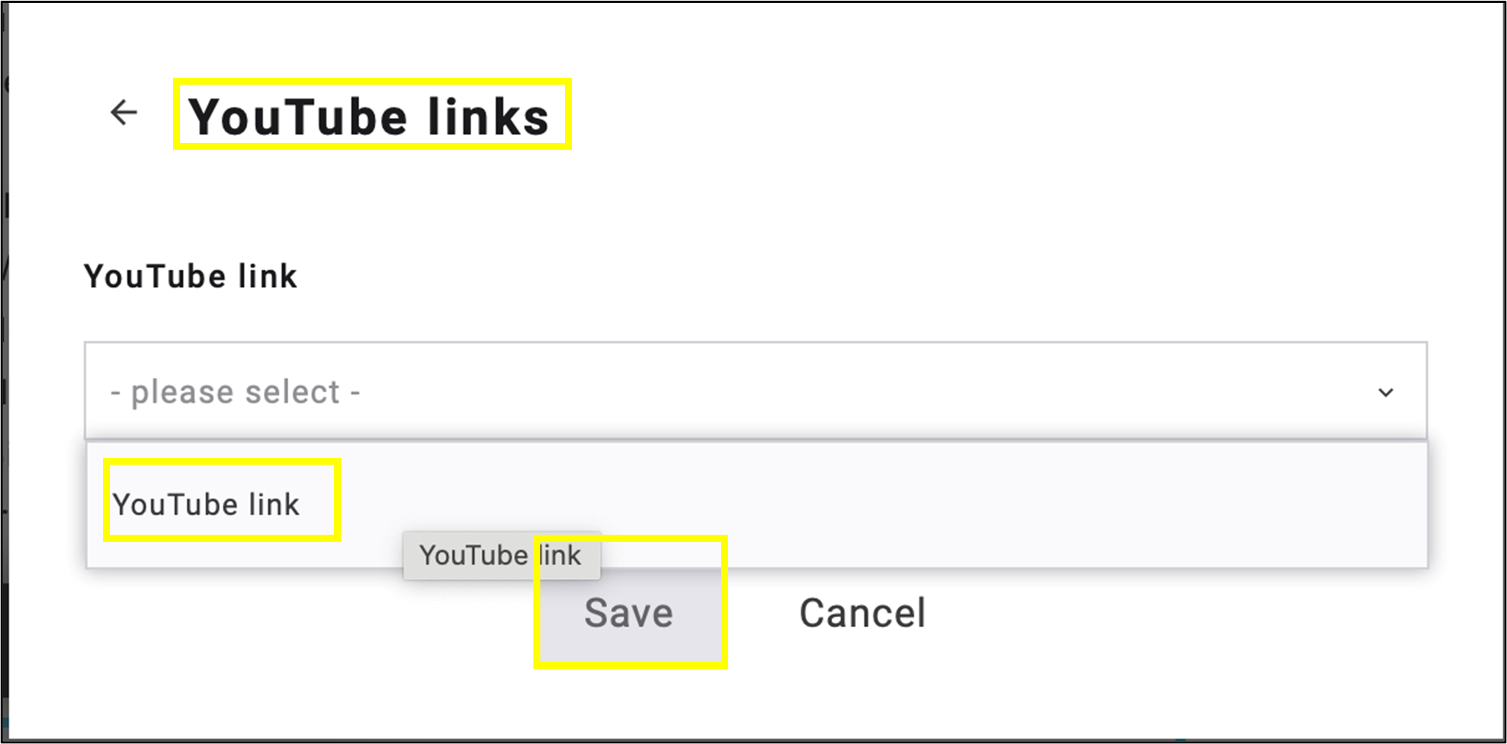 fig. 23: Select ’YouTube links' in the ’Insert Link’ menu and click ’Save’.