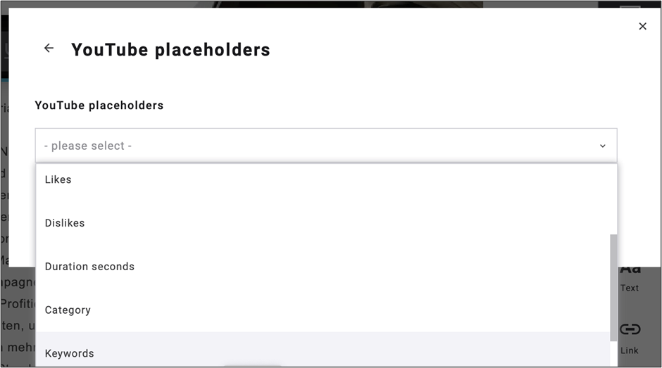 fig. 31: Insert YouTube placeholders to add titles, descriptions, keywords, and more.