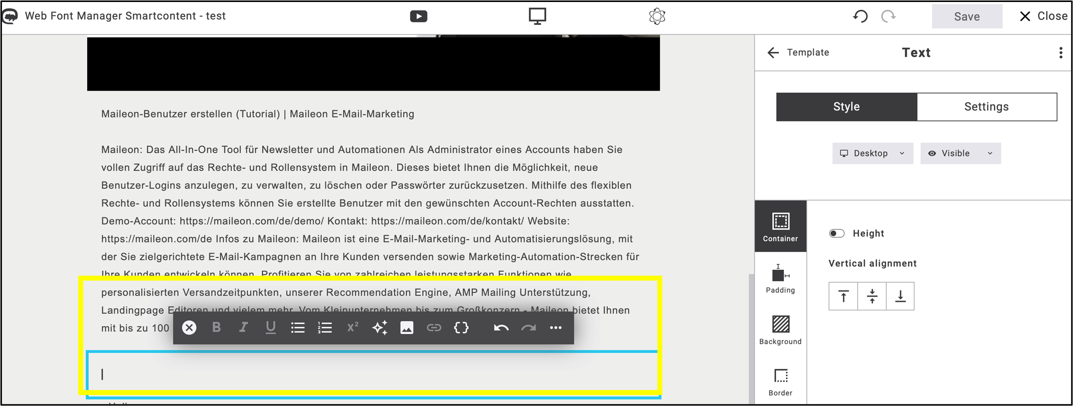 fig. 33: Drag and drop a text box into the emailing as the first step.