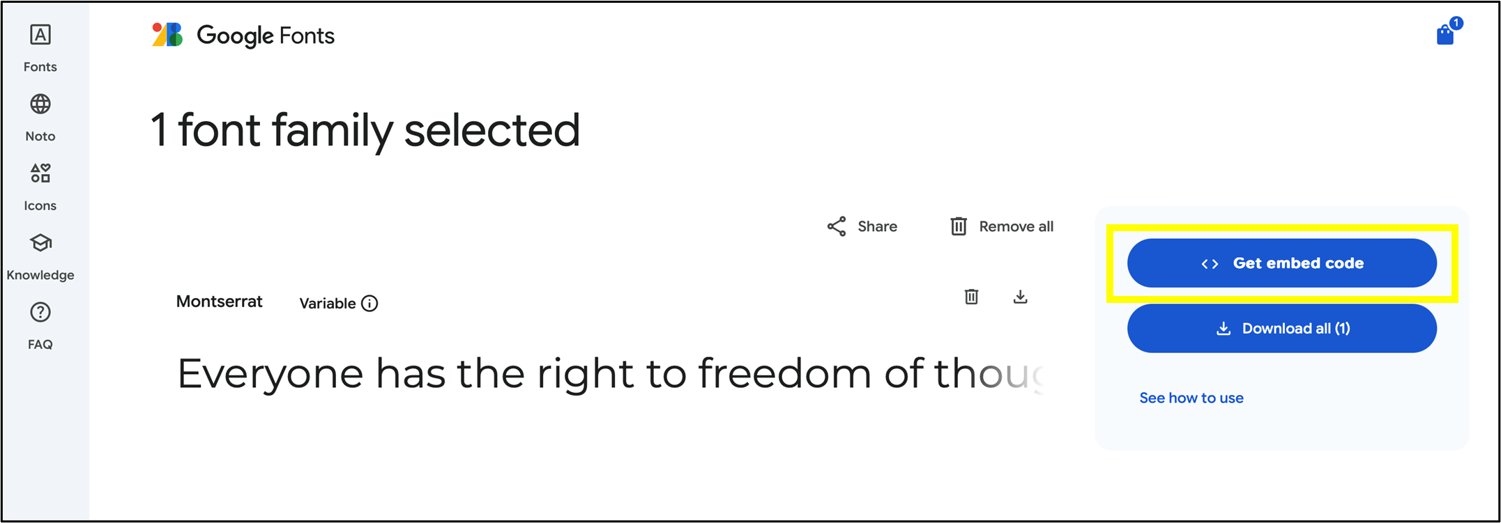 fig. 35: After selecting the font, click ’Get Embed Code’.
