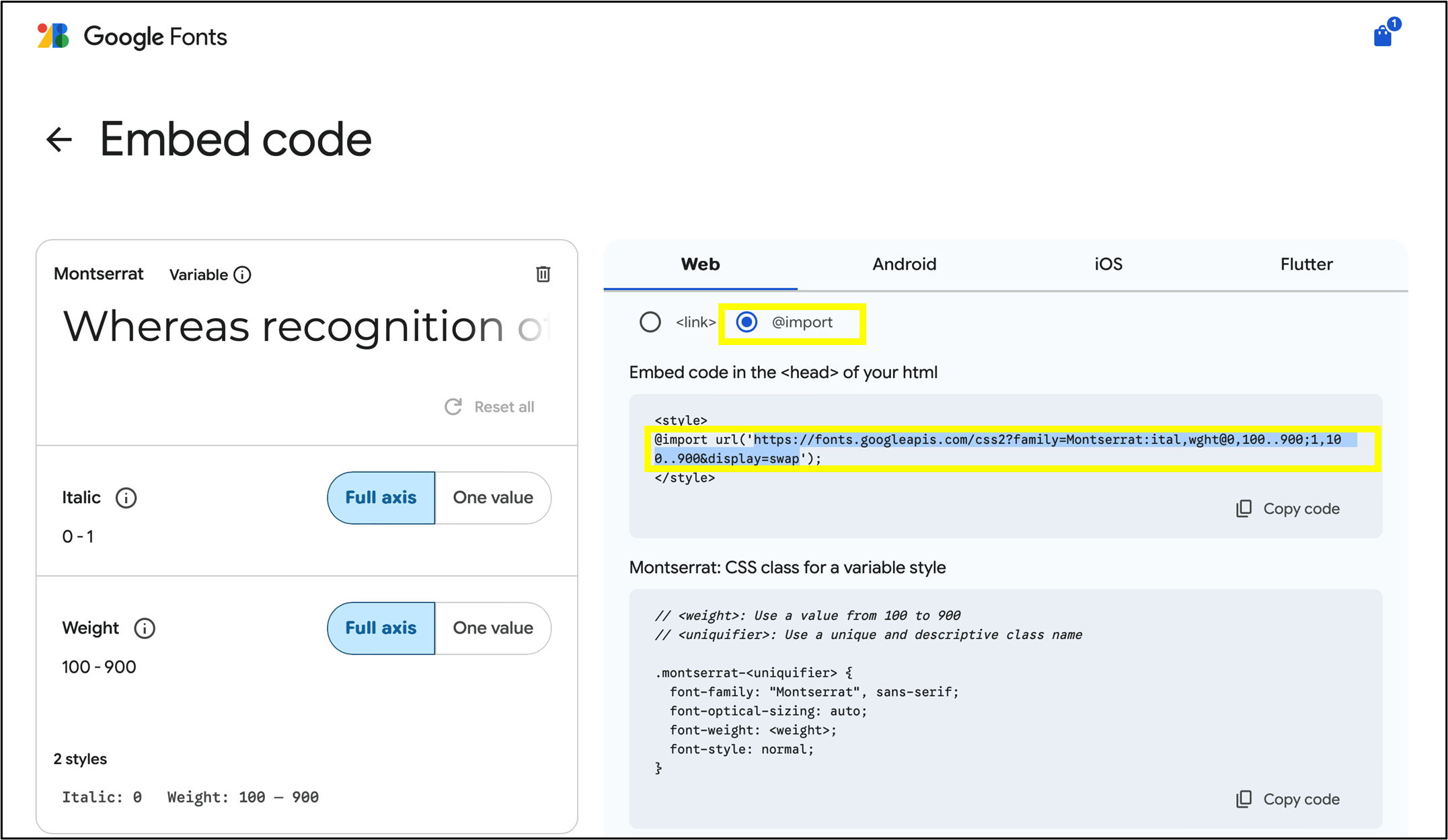 fig. 36: Click @import and copy the link in quotes.