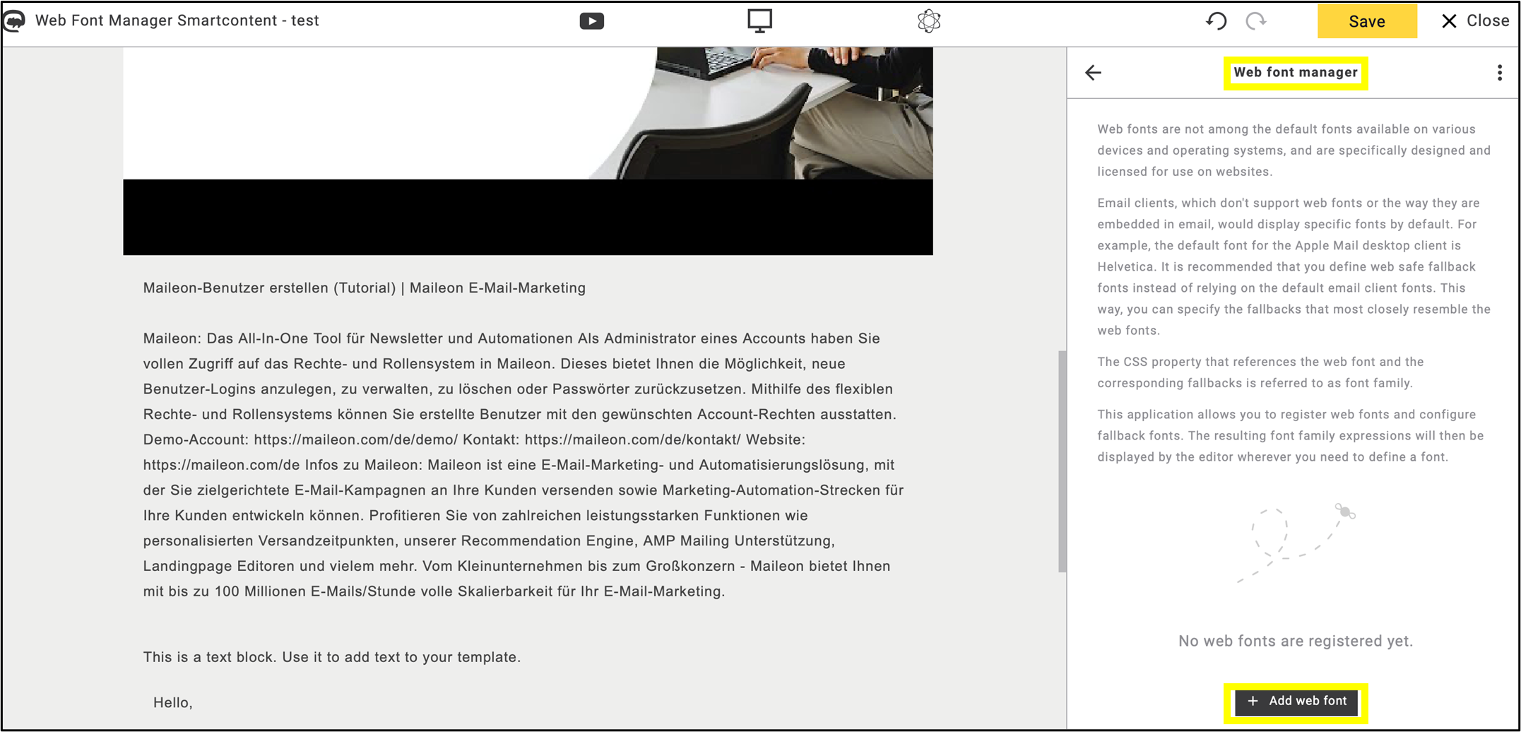 fig. 37: Open ’Web Font Manager' in the editor and click ’Add Web Font’.