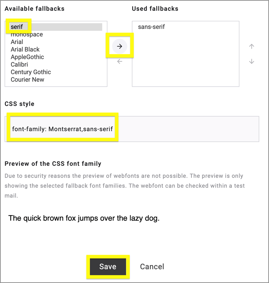 fig. 39: Select the fallback font, click the arrow, and save it.