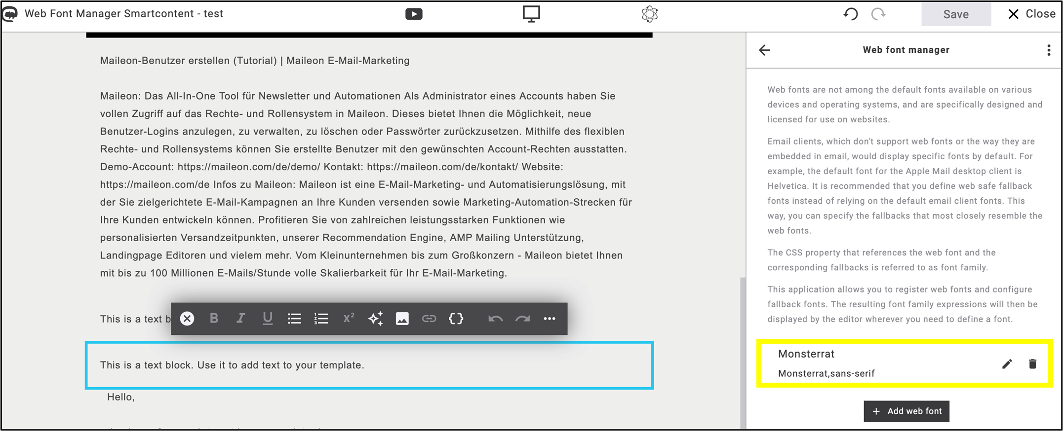 fig. 40: The added web font appears in the side menu.