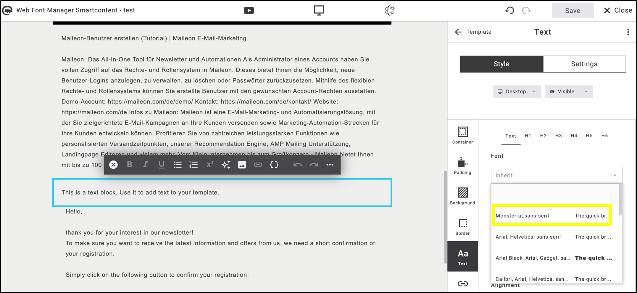 fig. 41: Select the text box and choose the registered web font from the ’Style’ menu.