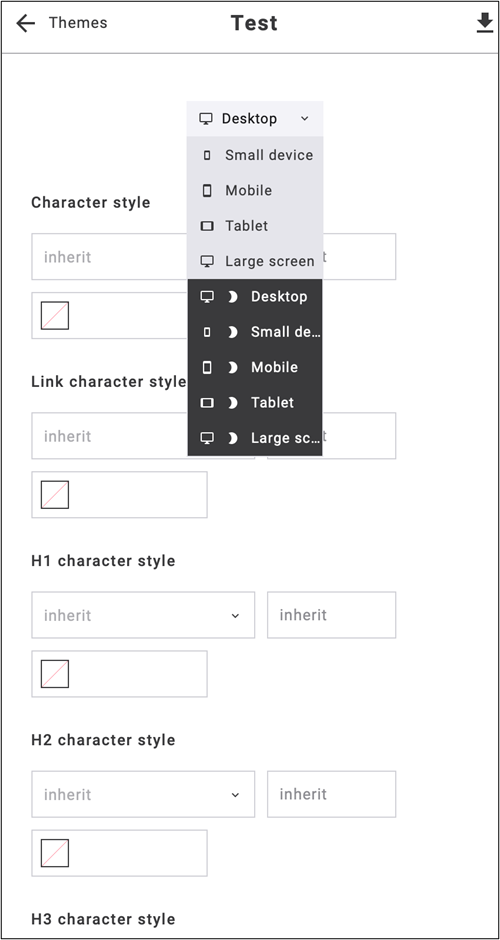 fig. 51: Click ‘Desktop’ to open preview options for mobile, tablet, small devices, large screens, and dark mode.