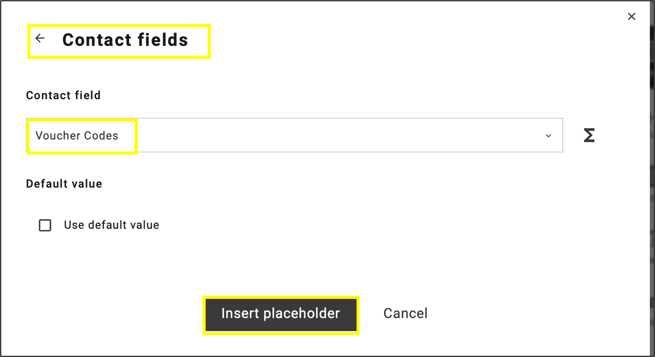 fig. 54: In the contact field, select Voucher Codes, then click ’Insert placeholder’.