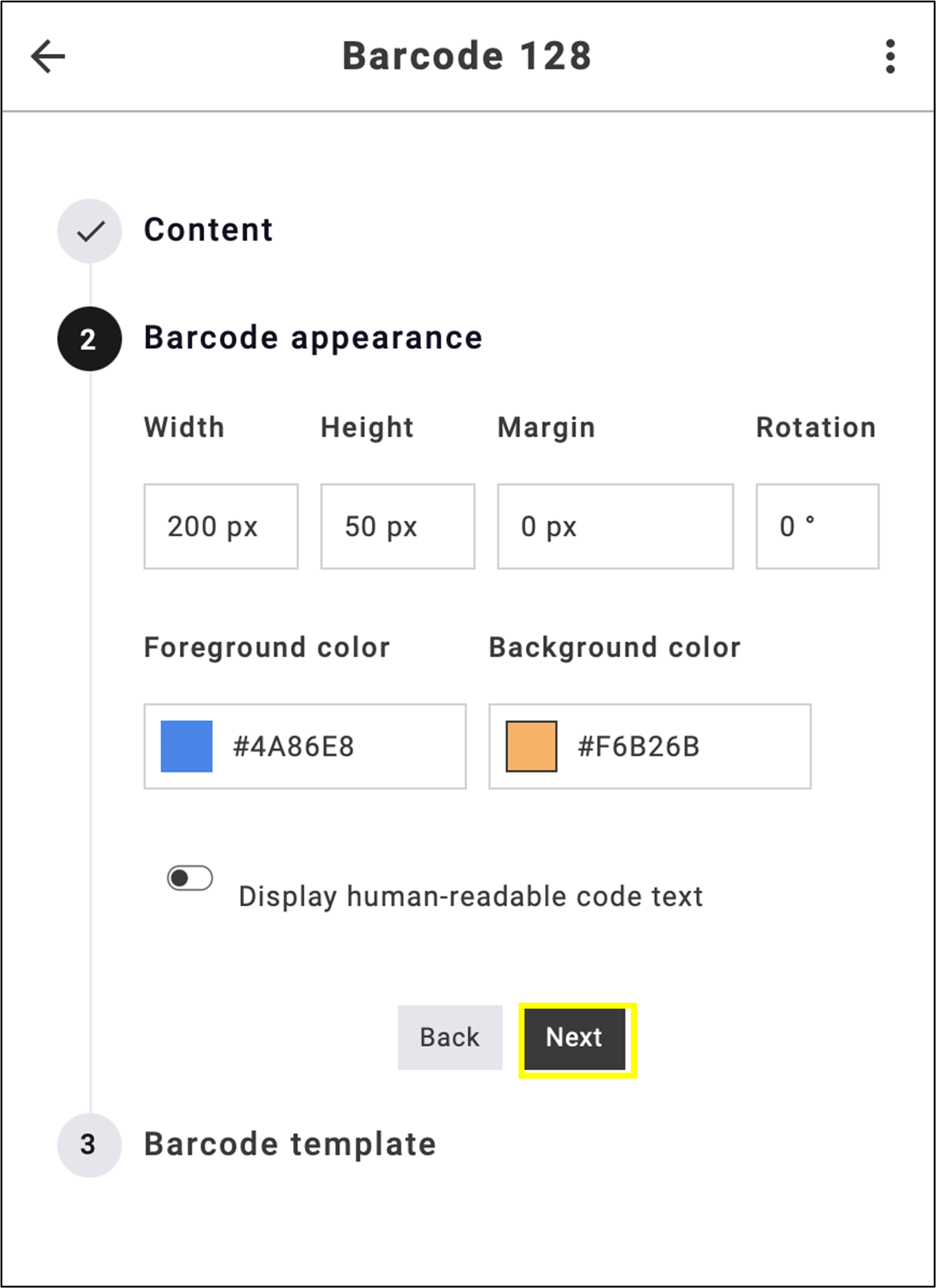 fig. 56: Customize the barcode colors, use high-contrast settings for optimal mobile scanning.