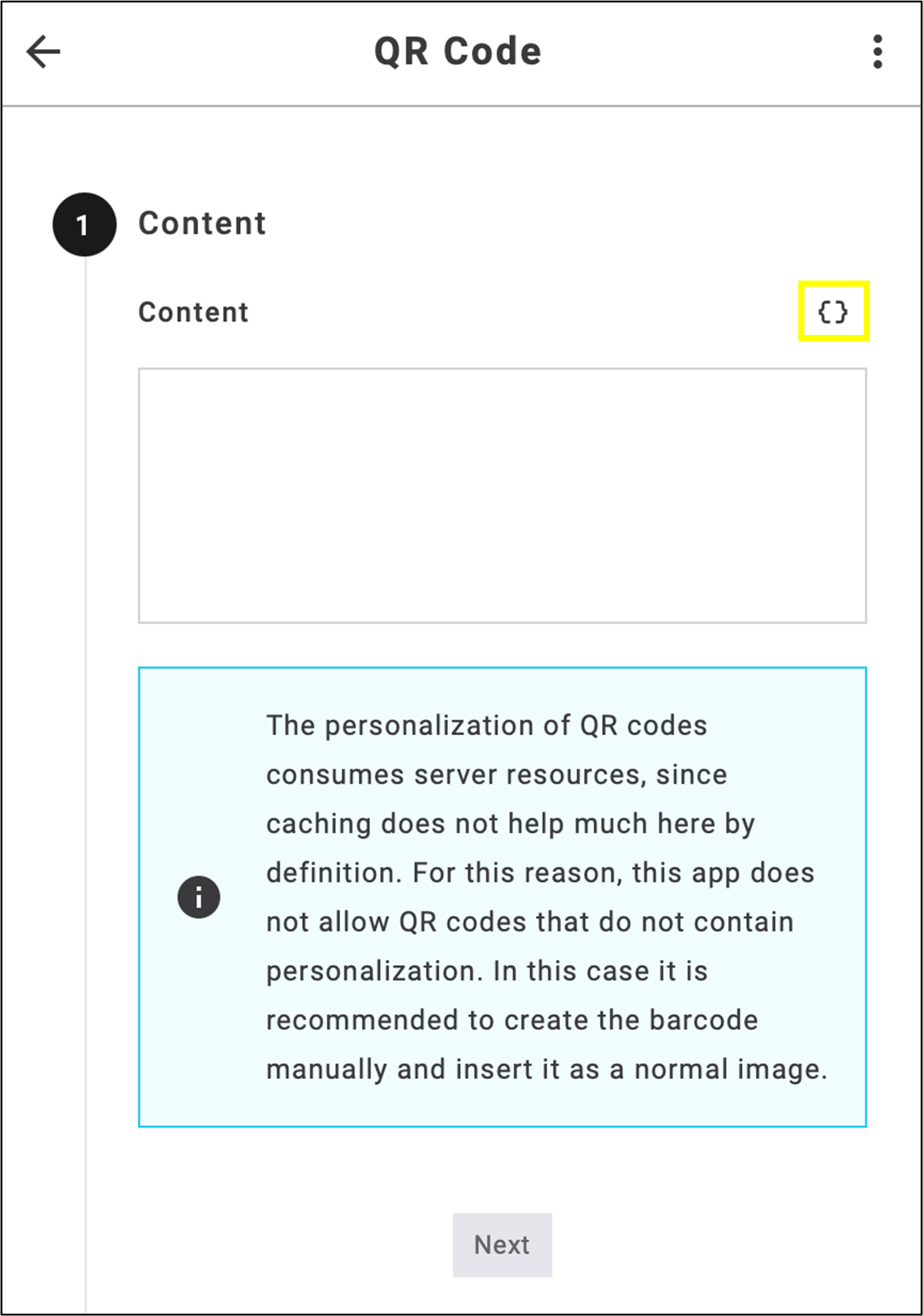fig. 60: Click the placeholder icon to select and insert a placeholder into the QR code.