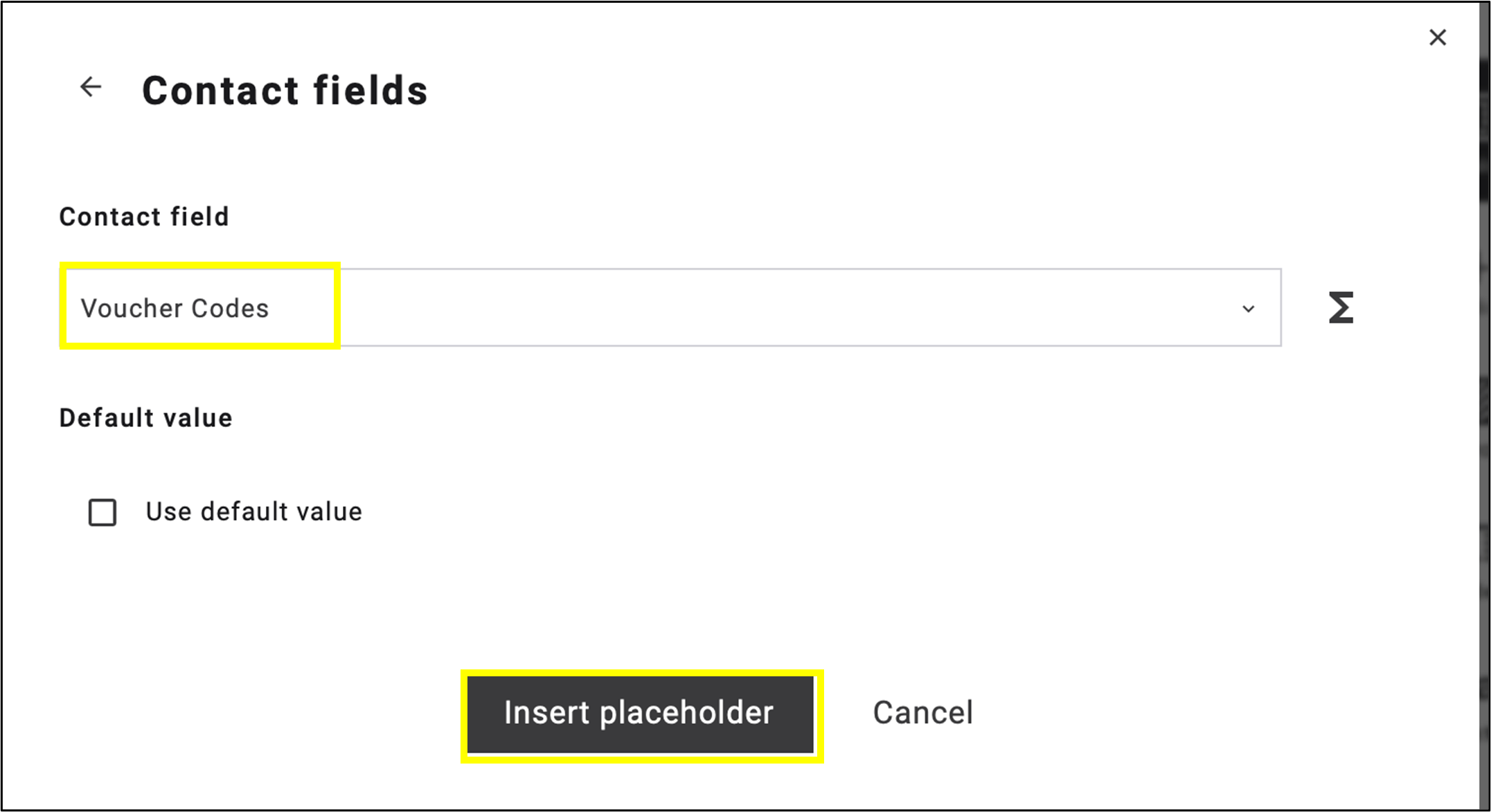 fig. 61: In the contact field, select Voucher Codes, then click ’Insert placeholder’.