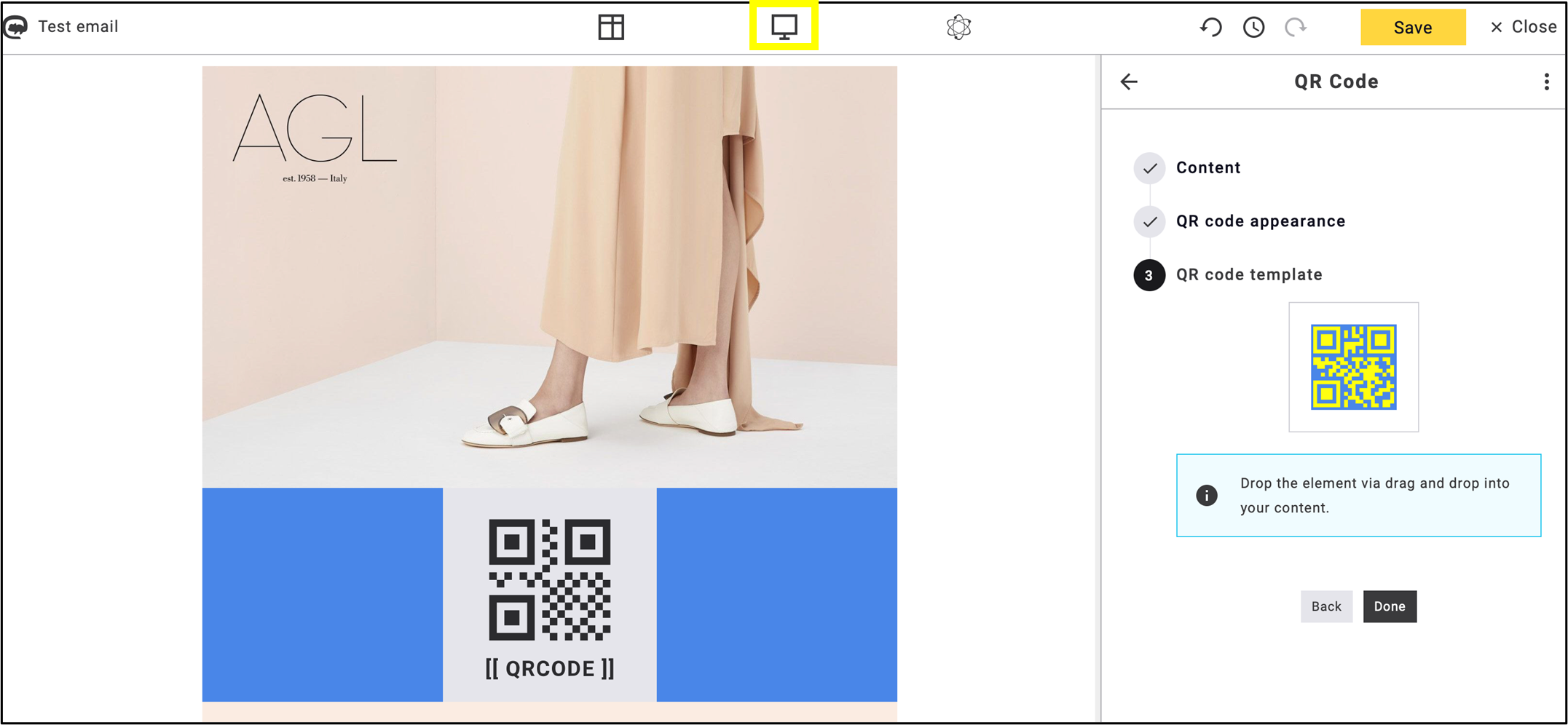 fig. 65: Preview the emailing to verify how the inserted QR code appears in the message body.