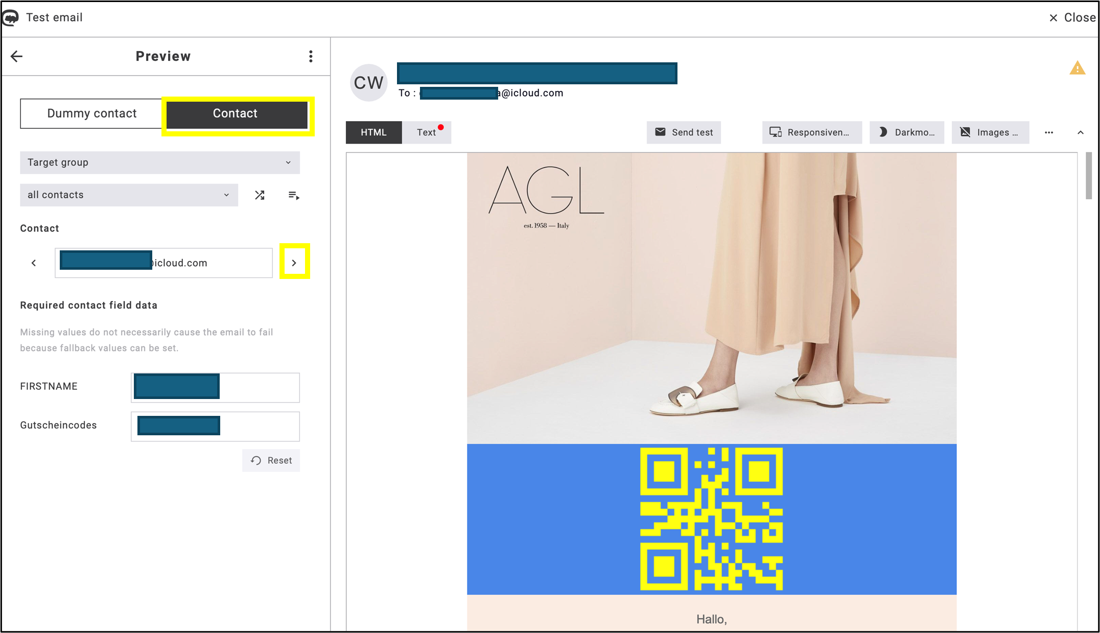 fig. 66: Click on the arrow under ’Contact’ to view QR code style changes.