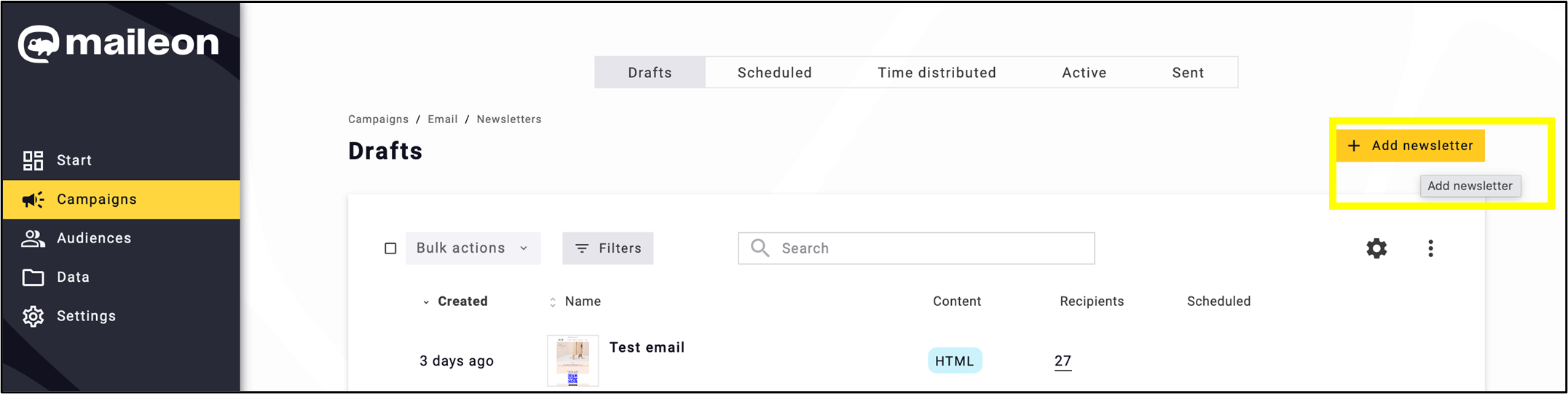 fig. 69: Start creating a new emailing by clicking ‘+ Add newsletter’.