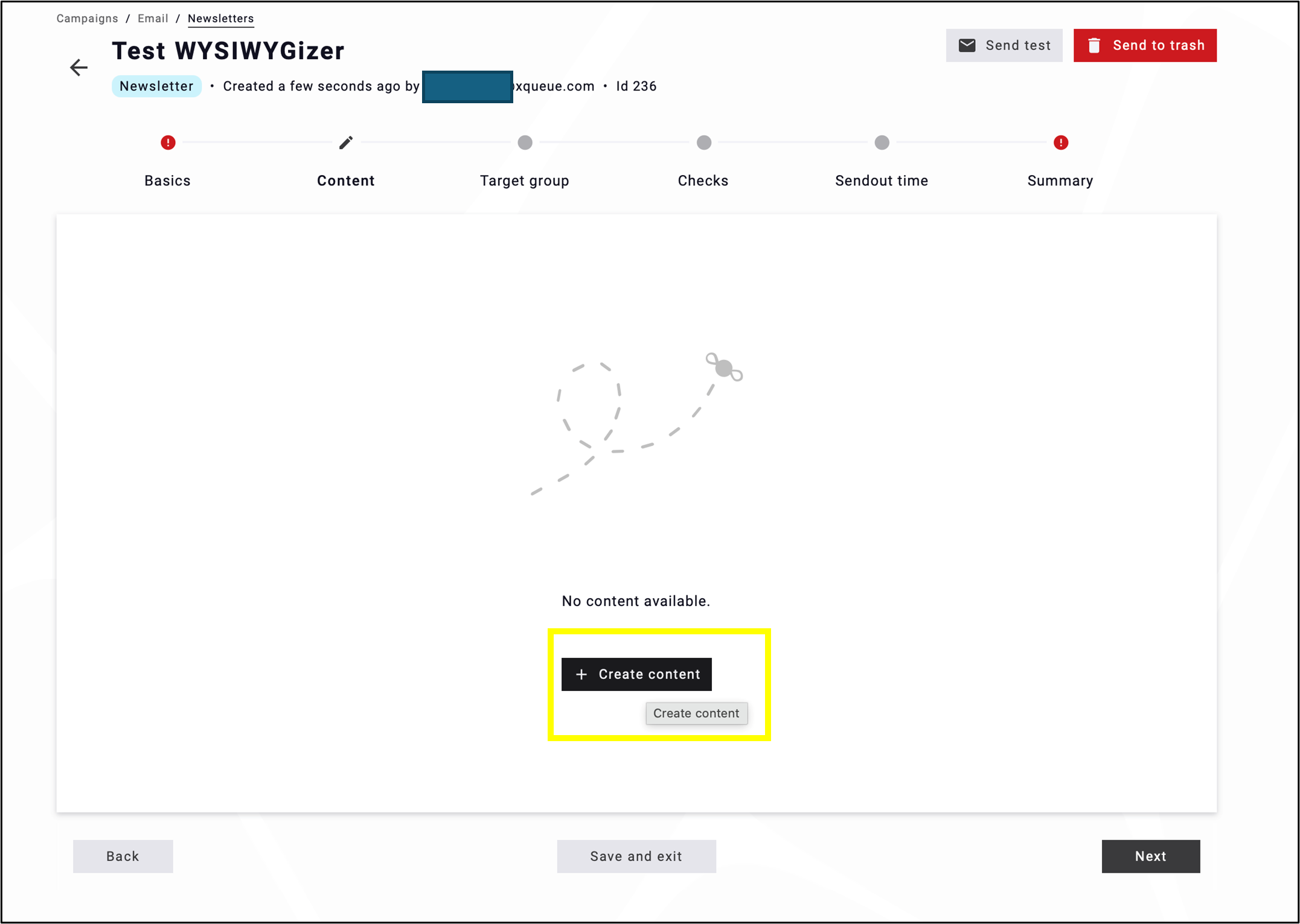 fig. 70: Use ‘+ Create content’ to import your HTML or ZIP file.