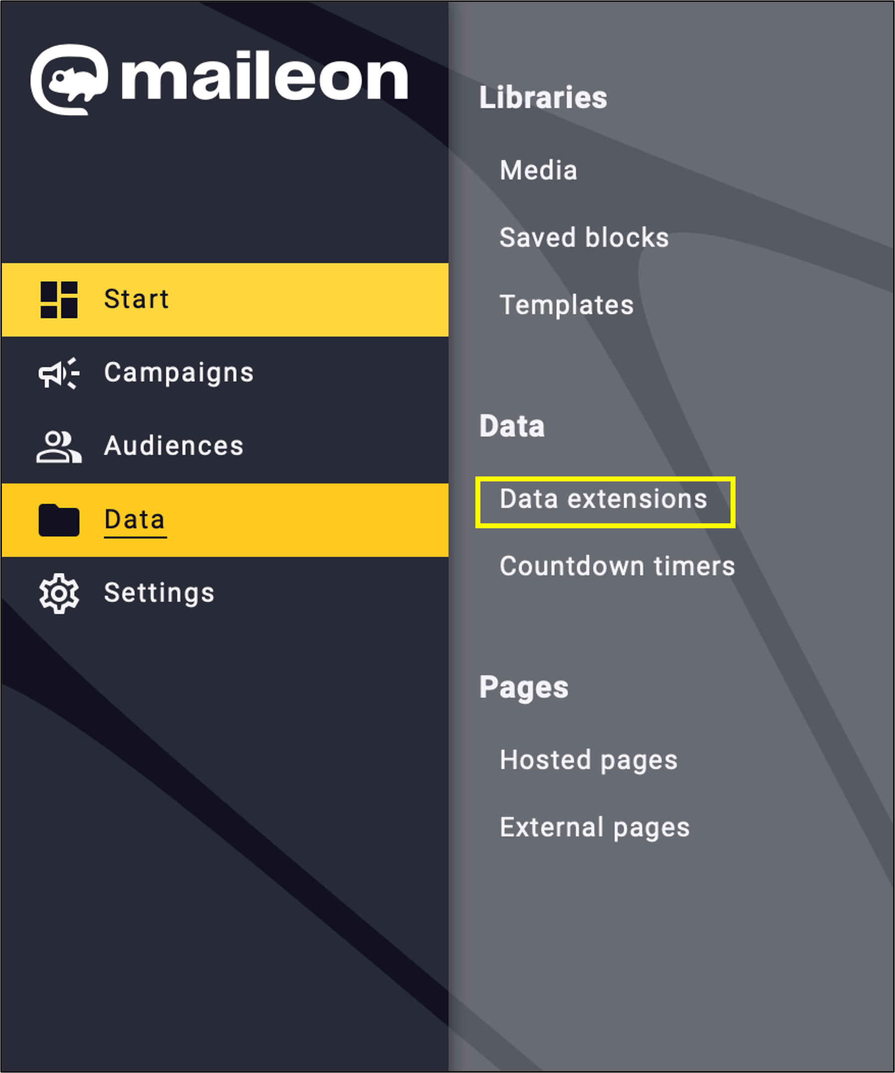 fig. 1: Find ‘Data extensions’ in ‘Data’ section of the dashboard. 