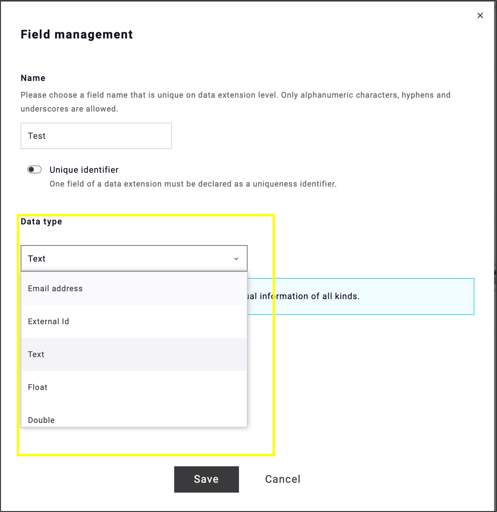 fig. 4: Define the required field types for your Data Extension.