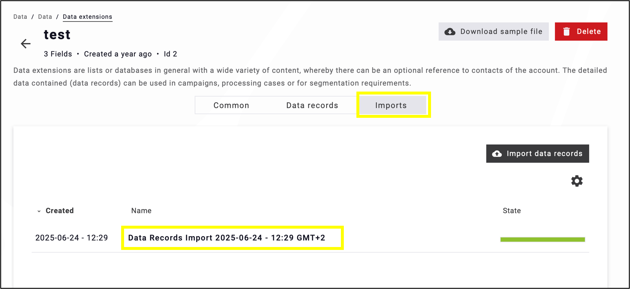 fig. 7: Click ’Data Records Import' in the ’Imports’ tab to display data record details.