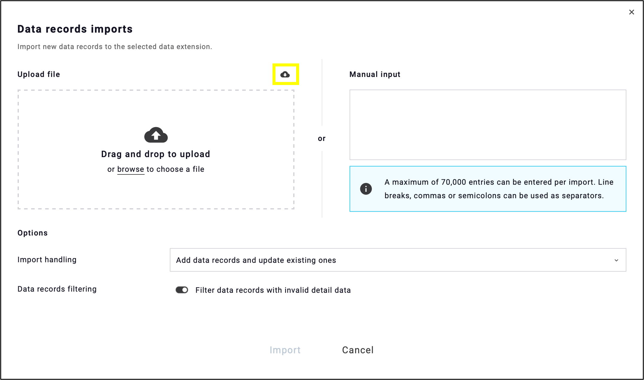 fig. 10: The download icon (cloud + arrow) allows you to download a template that can be filled in and uploaded back to the system.