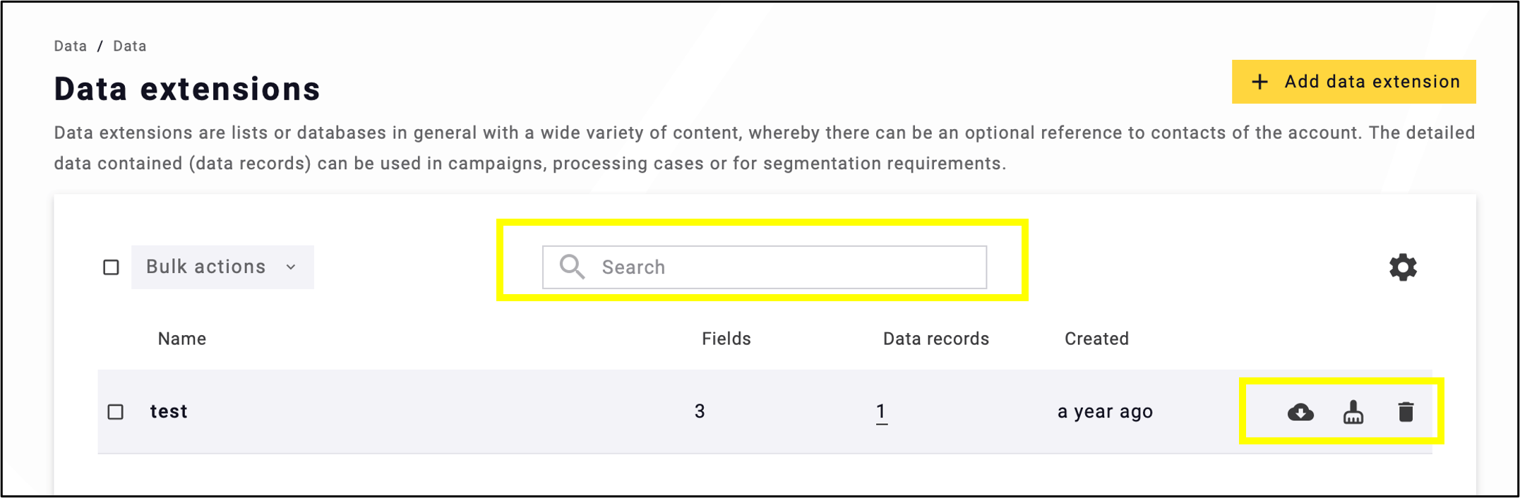 fig. 14. Data can be deleted via the trash bin (data only) or broom icon (records), and search is available only by unique ID.