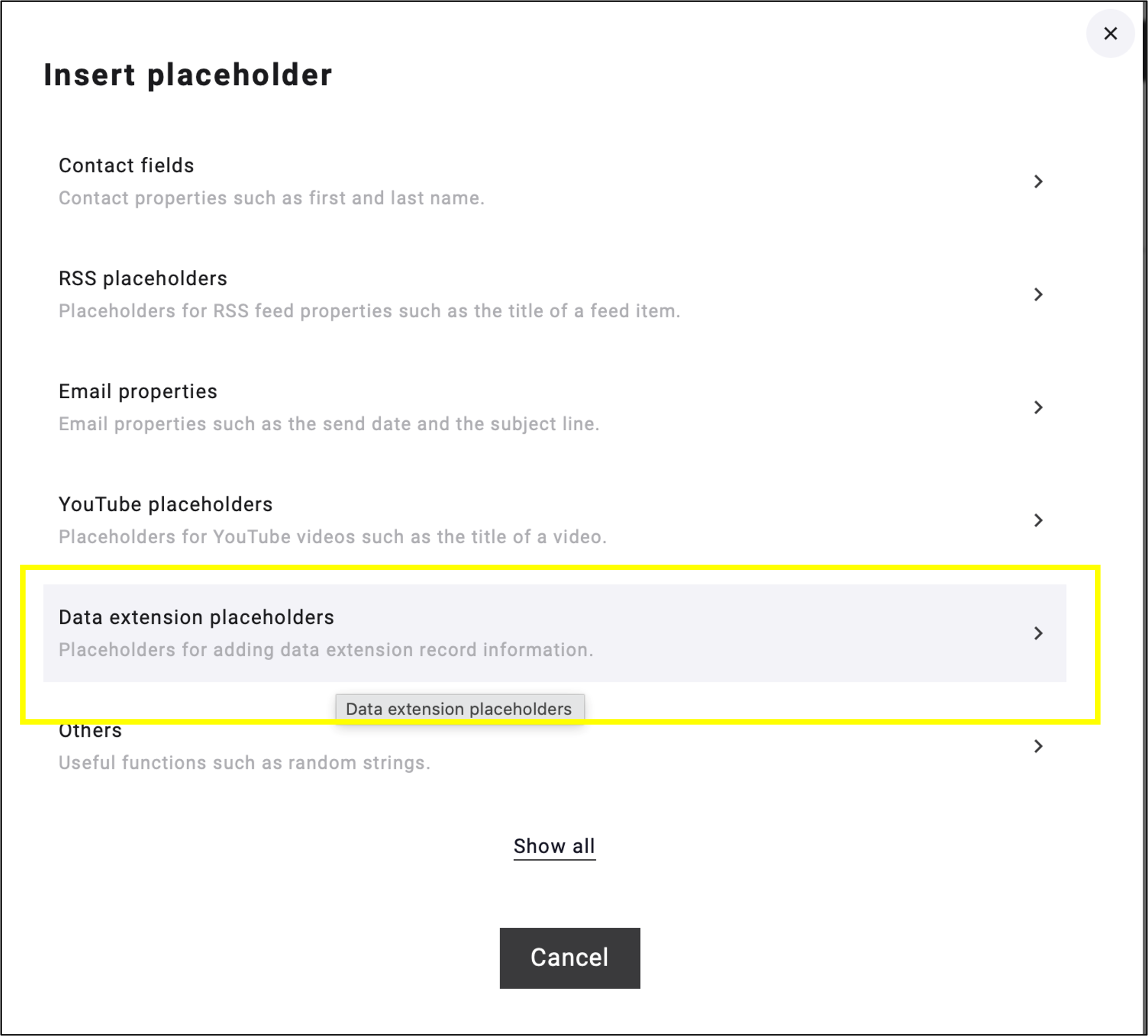 fig. 16: Select ’Data Extension Placeholders’ from the available placeholder options.