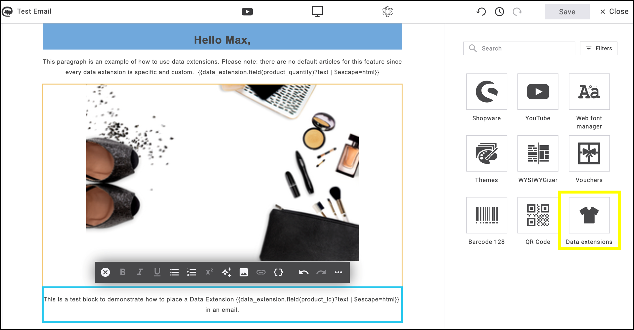 fig. 20: Select the ’Data Extension’ widget after creating the placeholders.
