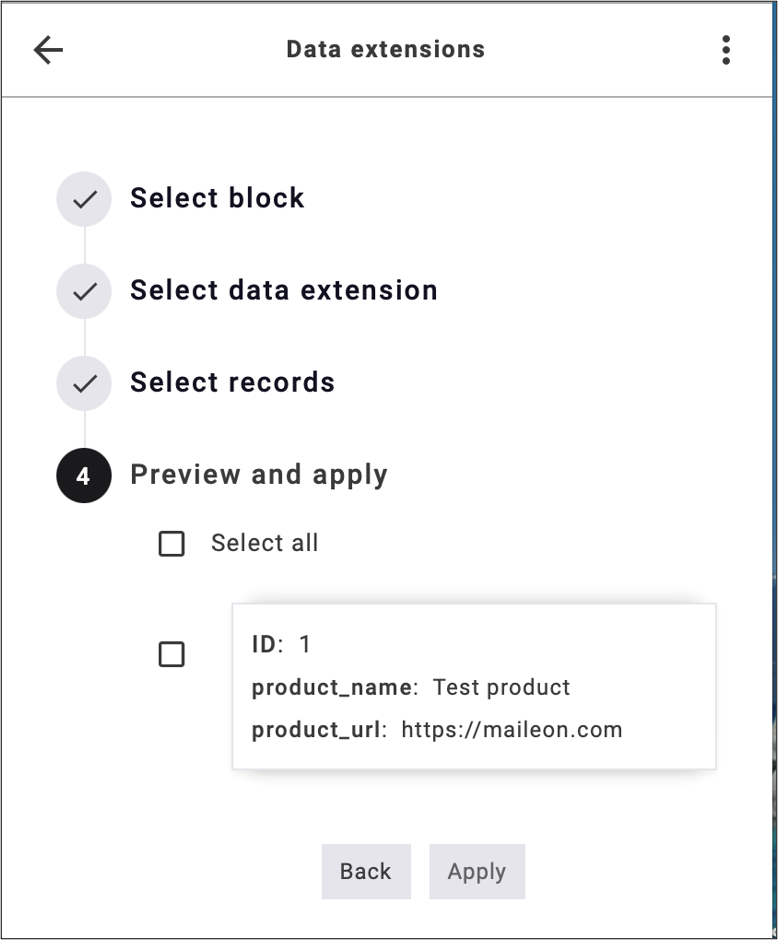 fig. 24: Review the retrieved data, select the item optionally, and click ‘Apply’ to include it in the emailing.