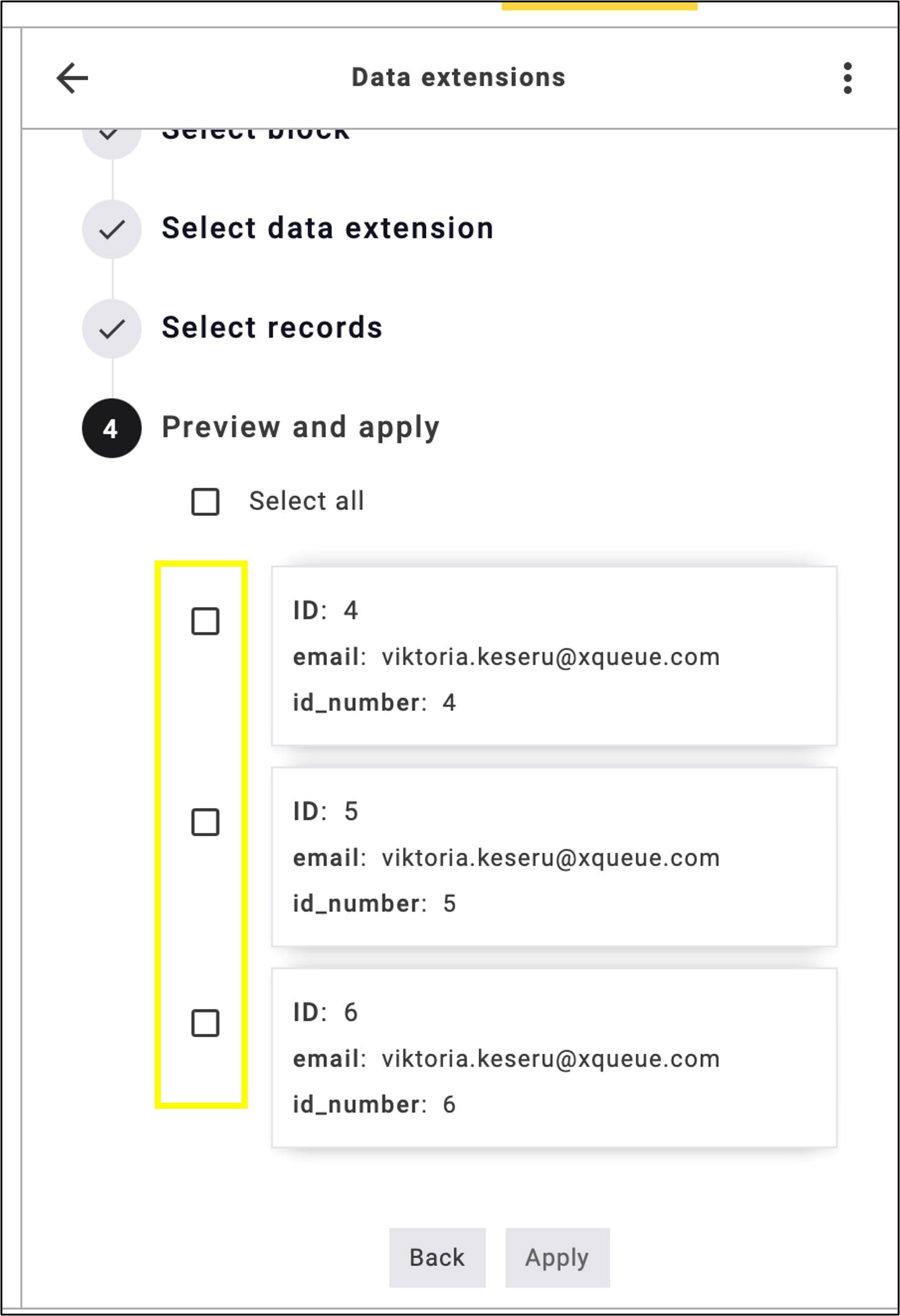 fig. 26: Records follow the order of the selected checkboxes.