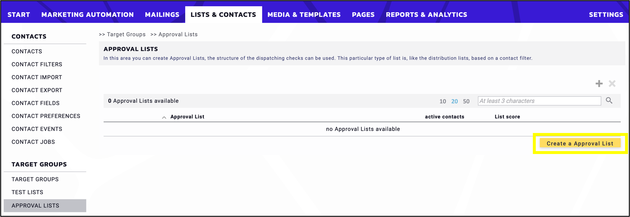fig. 1: To create an approval list click ‘create an approval list’ in ‘Contacts’ → ‘Target groups’ → ‘Approval lists’.