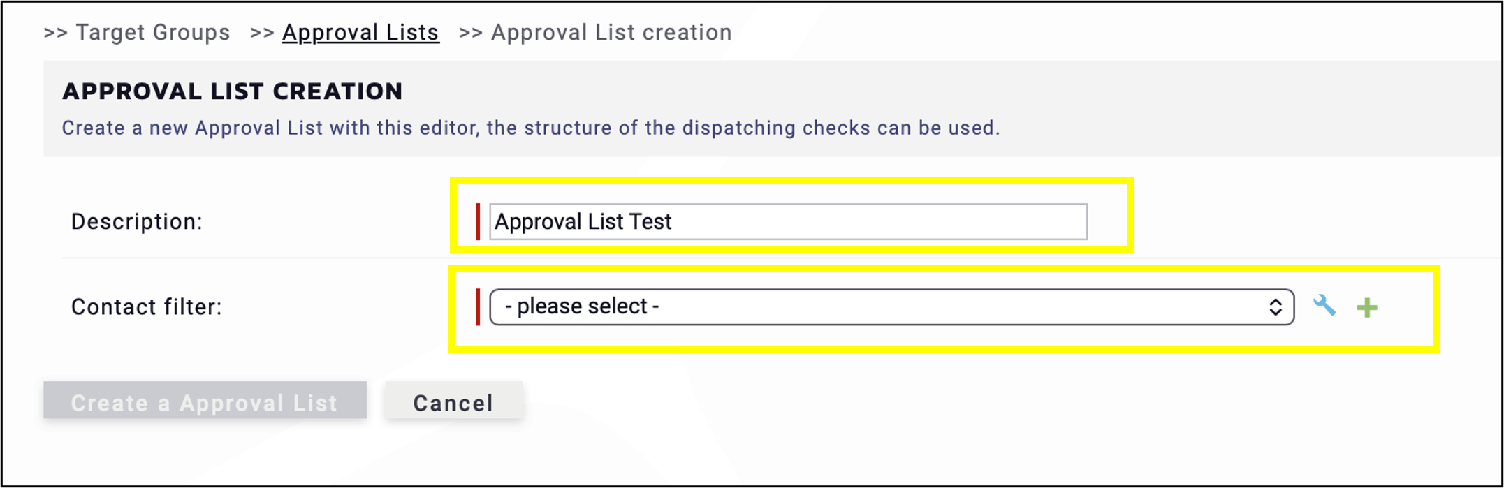 fig. 2: Add a description and choose/create a contact filter.