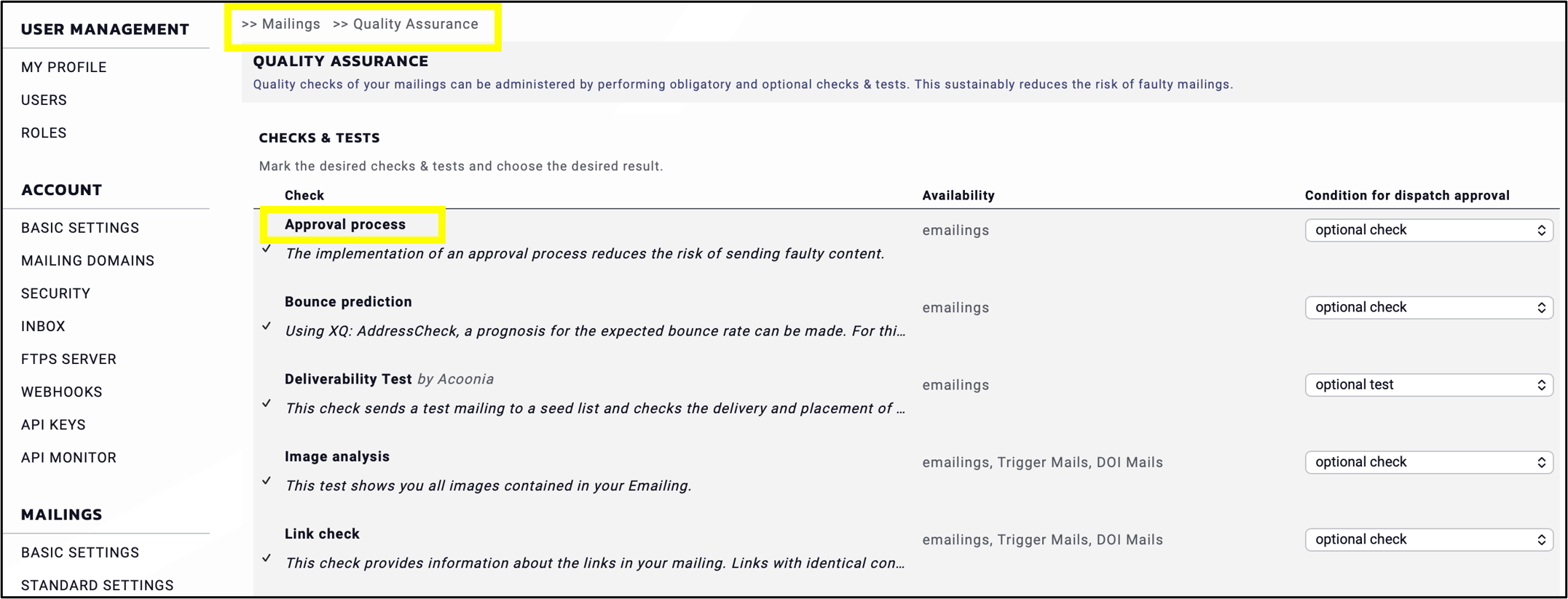 fig. 5: Go to ‘Settings’ → ‘Mailings’ → Quality Assurance and enable ‘Approval process’.