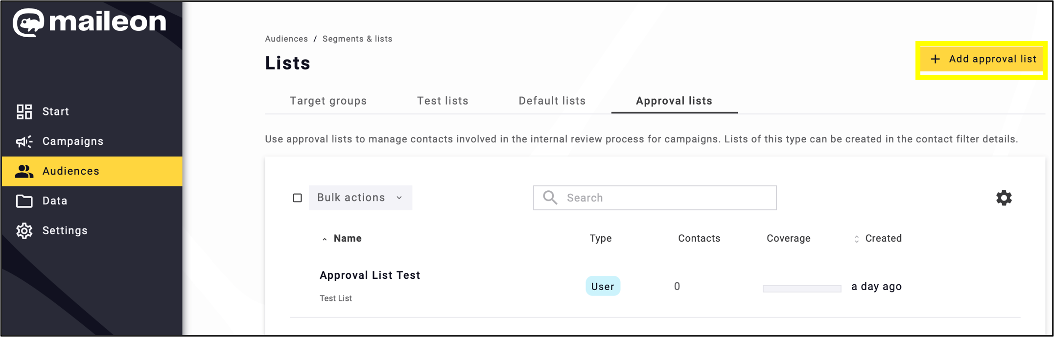 fig. 1: Click ‘Add approval list’ in ‘Audiences’ → ‘Segments & Lists’ → ‘Lists’ → ‘Approval Lists’ in UI2.