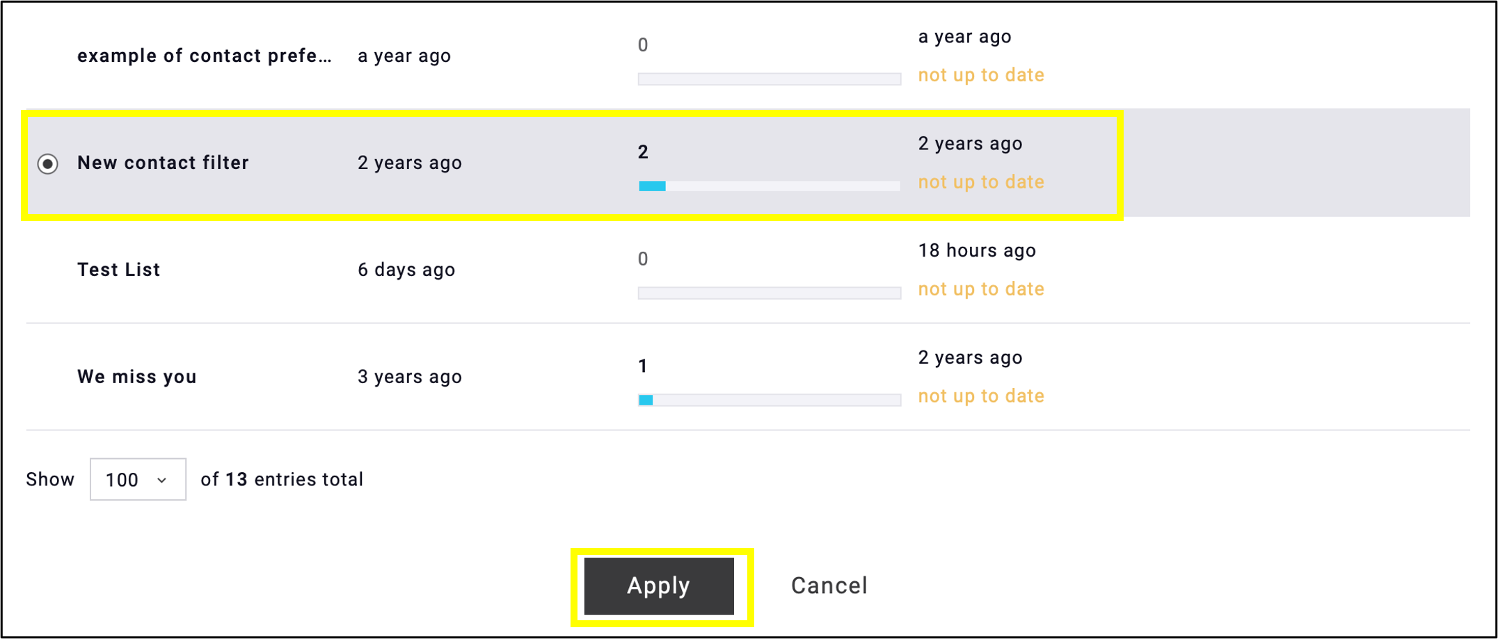 fig. 3: Click ‘Apply’ after you have selected the contact filter.