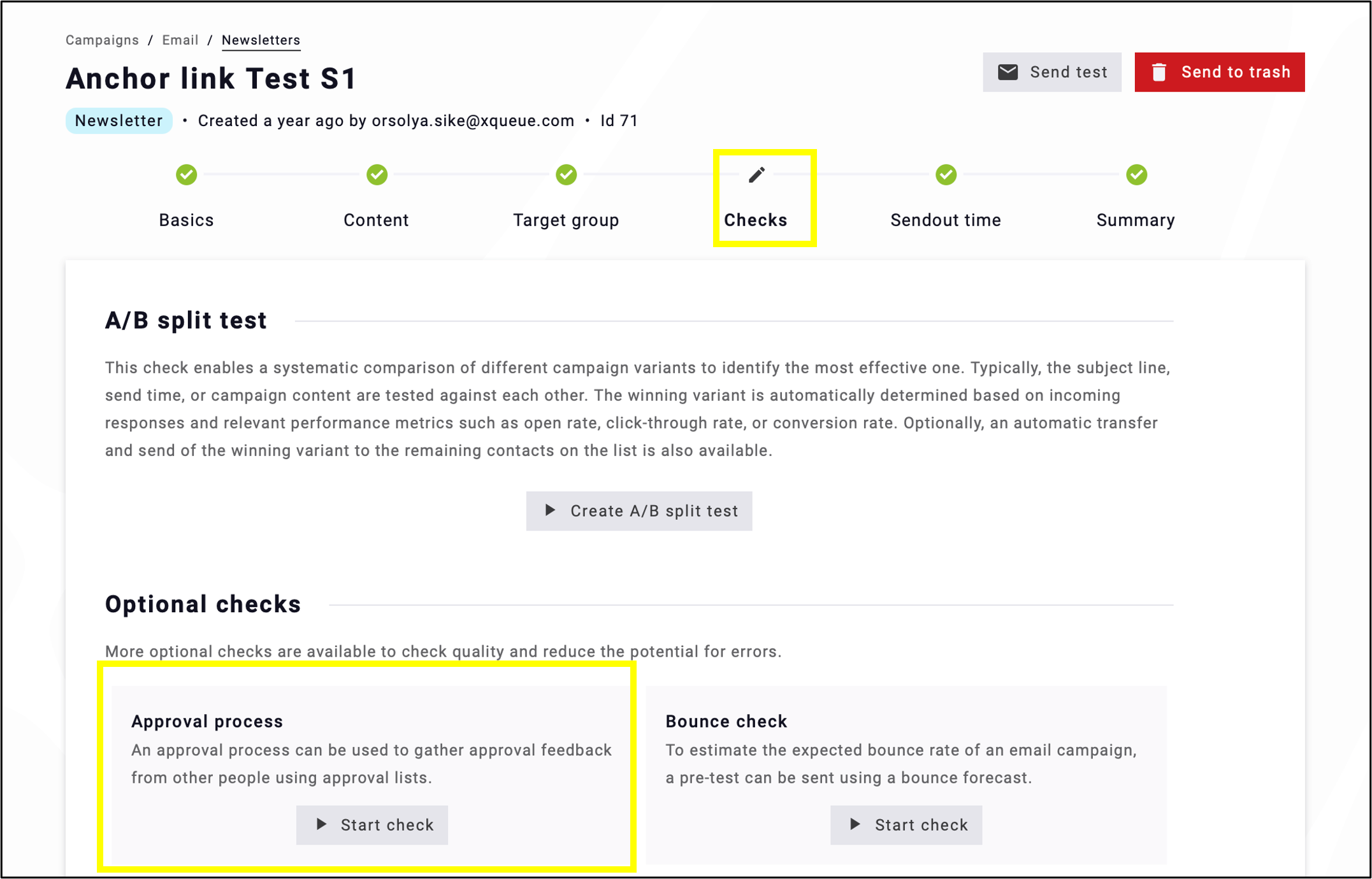 fig. 6: Open the emailing in ‘Campaigns’ → ‘Email’ → ‘Newsletters’ → ‘Checks’ and click ‘Start check’ under ‘Approval process’.