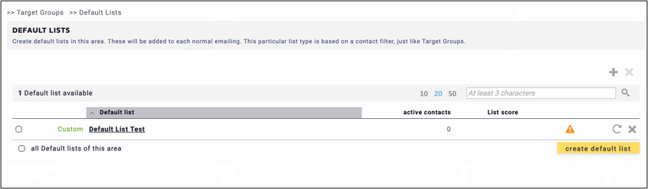 fig. 4: The default list is automatically completed with the contacts added to every emailing sent from the account.