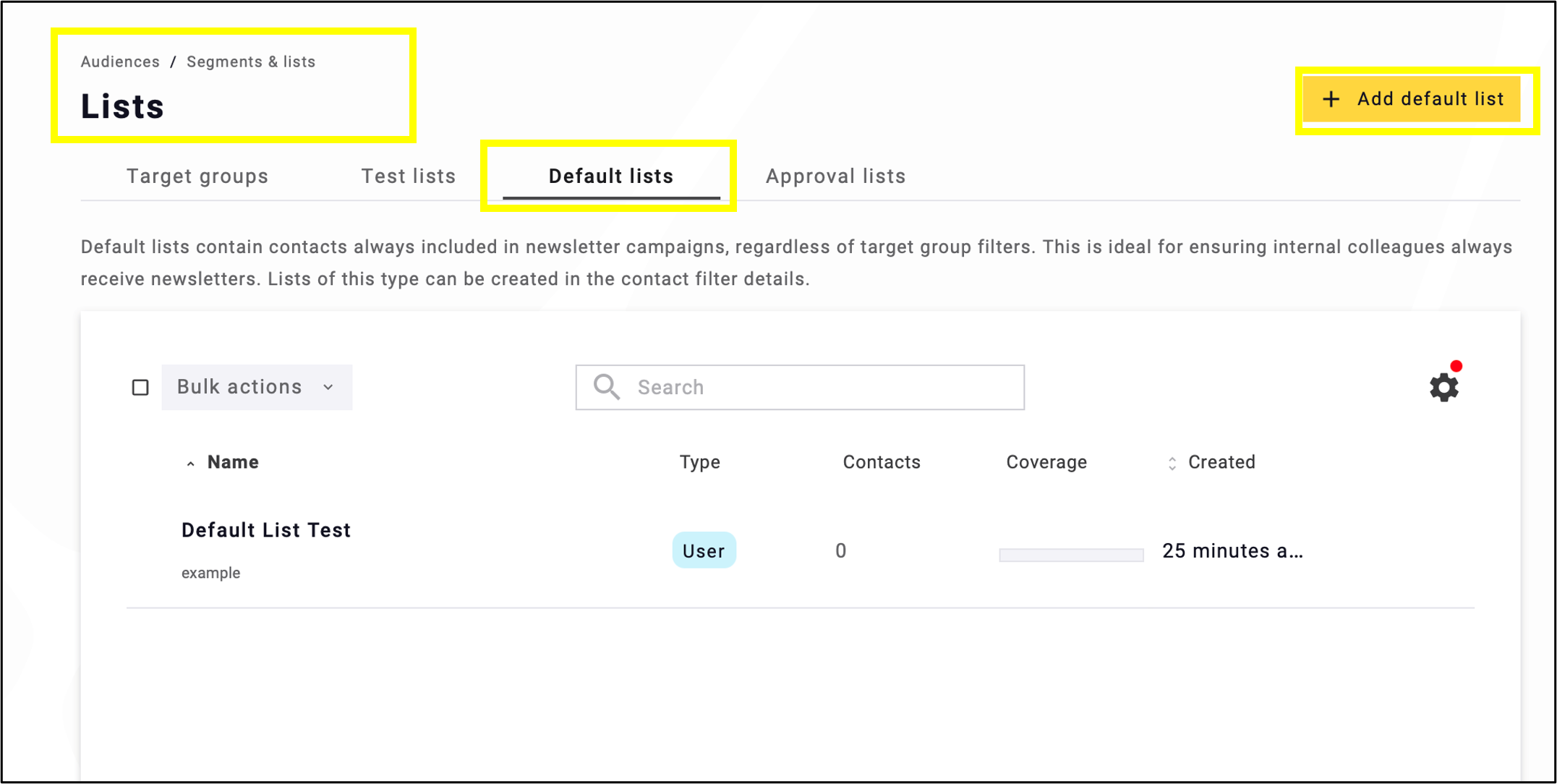 fig. 1: Click ‘Add default list’ in ‘Audiences’ → ‘Segments & Lists’ → ‘Lists’ → ‘Default Lists’ in UI2.