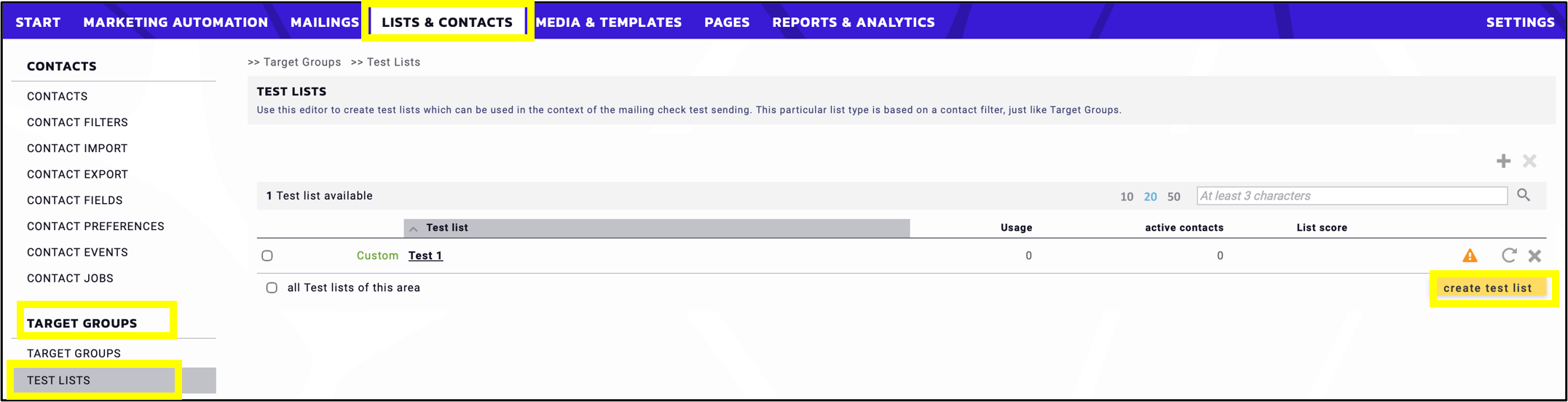 fig. 1: To create a test list click create ‘Test list’ in ‘Contacts’ → ‘Target groups’ → ‘Tests Lists’.