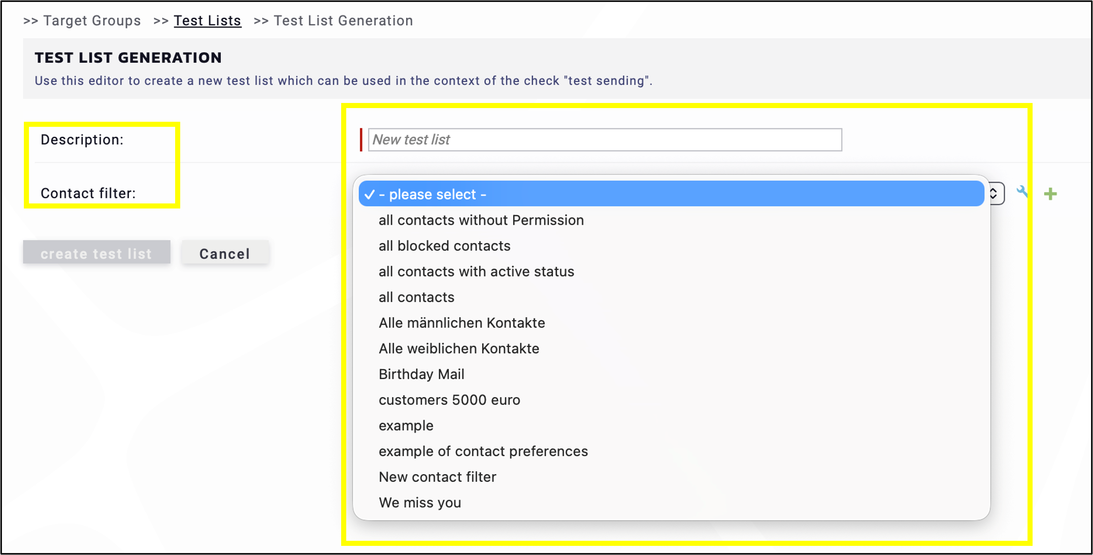 fig. 2: Add a description and choose/create a contact filter.