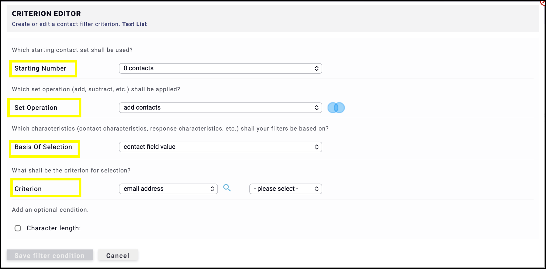 fig. 5: Set the values of the criterion editor.