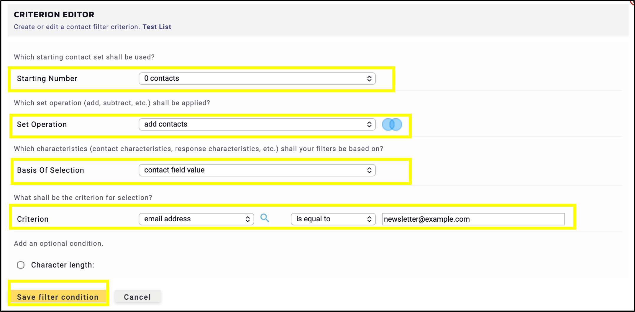 fig. 6: Enter the email address using the ‘is equal to’ checkbox, then click the ‘Save filter condition’.
