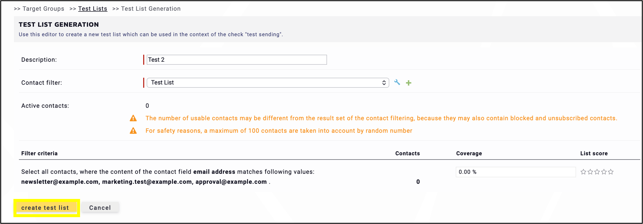 fig. 9: Click ‘create test list’ to finish the process.