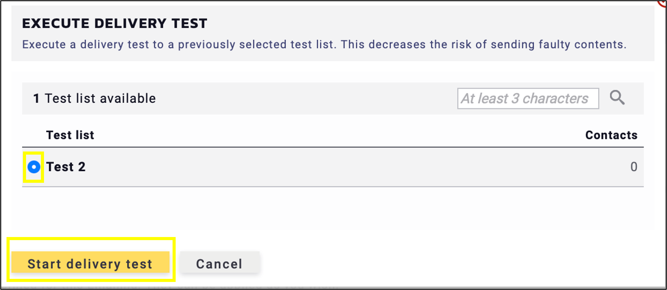 fig. 12: Select the certain test list and click ‘Start delivery test’.