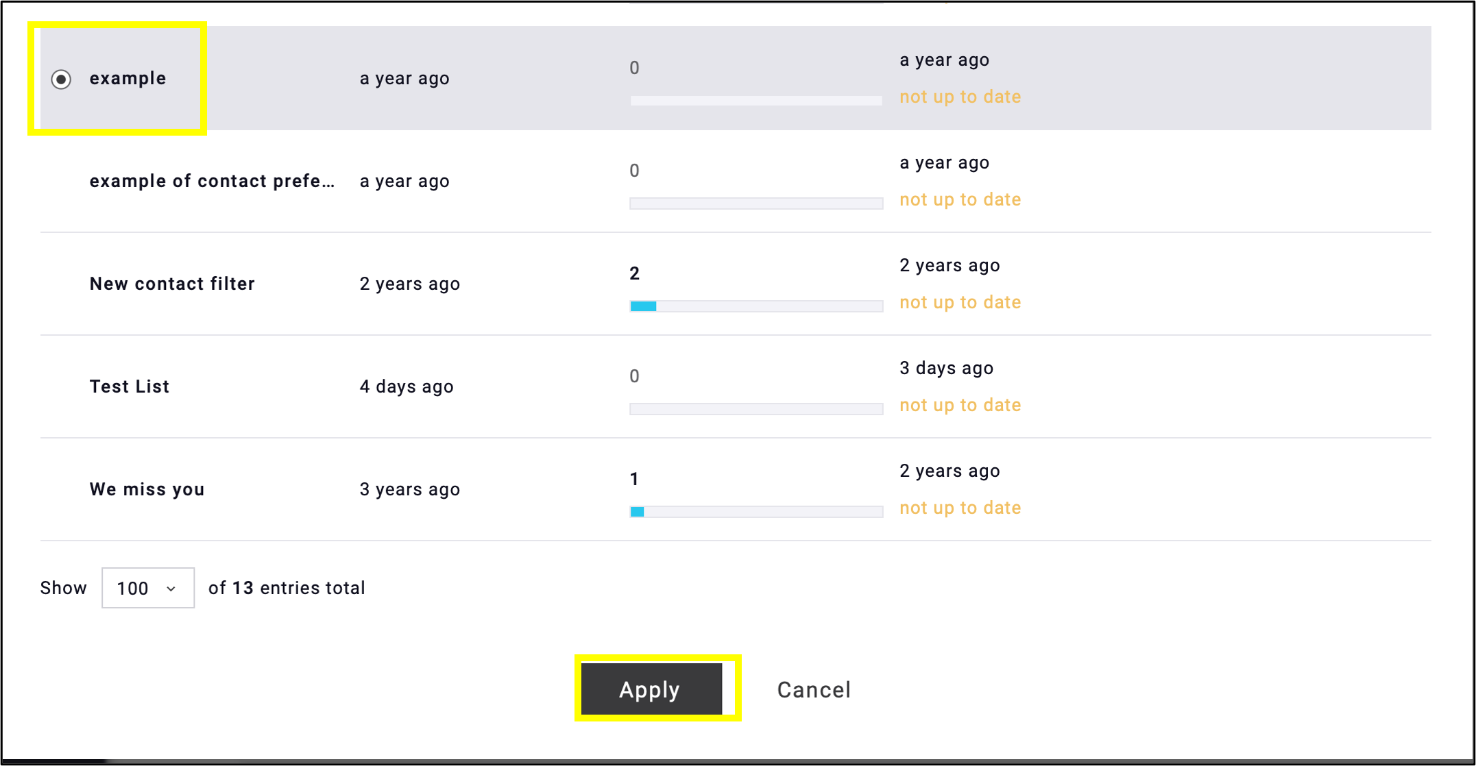 fig. 3: Click ‘Apply’ after you have selected the contact filter.