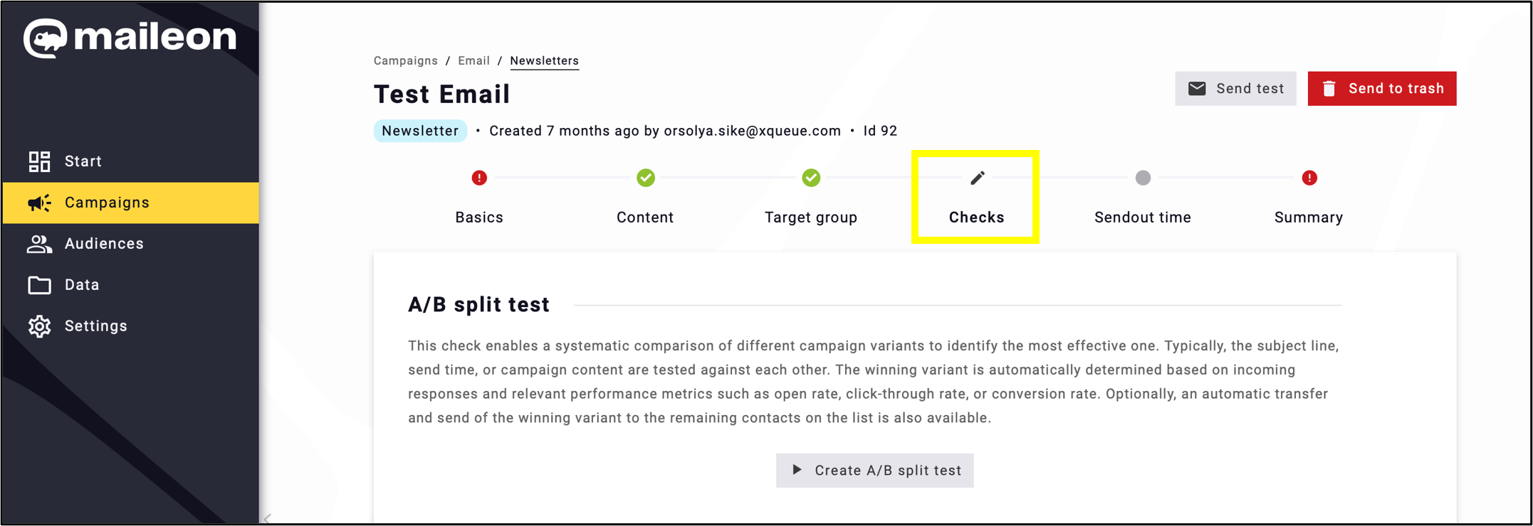 fig. 6: Open the emailing in ‘Campaings’ → ‘Trigger Emails’ and go to ‘Checks’.