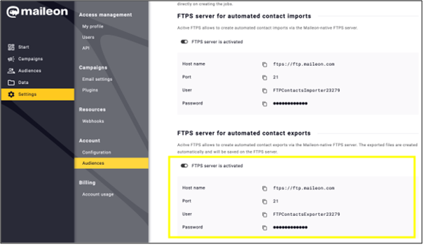 fig. 1: Activate contact exports via FTPS server in your account settings.
