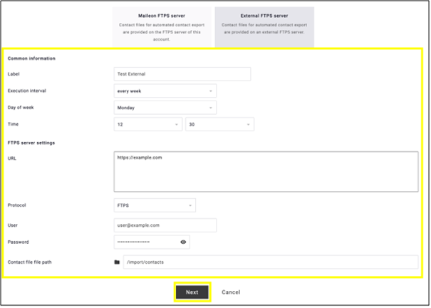 fig. 5: Enter the common information and FTPS server settings, including the contact file path, then click ‘Next’.