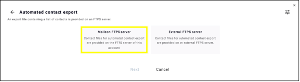 fig. 6: Select ’Maileon FTPS server’ in the popup window to export contacts via the Maileon FTPS server.