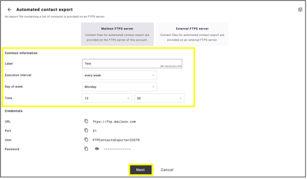fig. 7: Enter the export label, execution interval, day, and time.